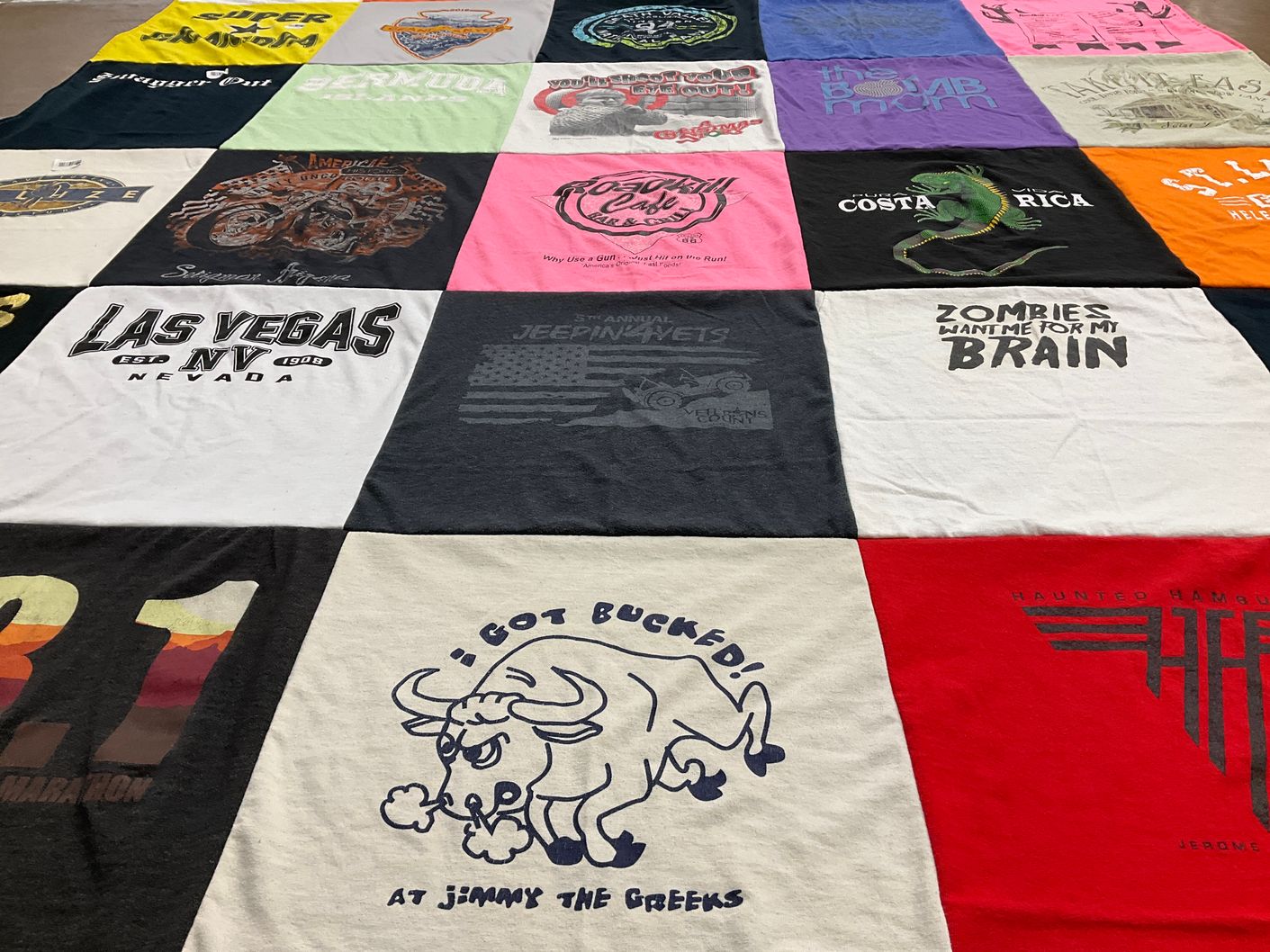 T-shirt quilt with travel, gaming themes by Amy from ME