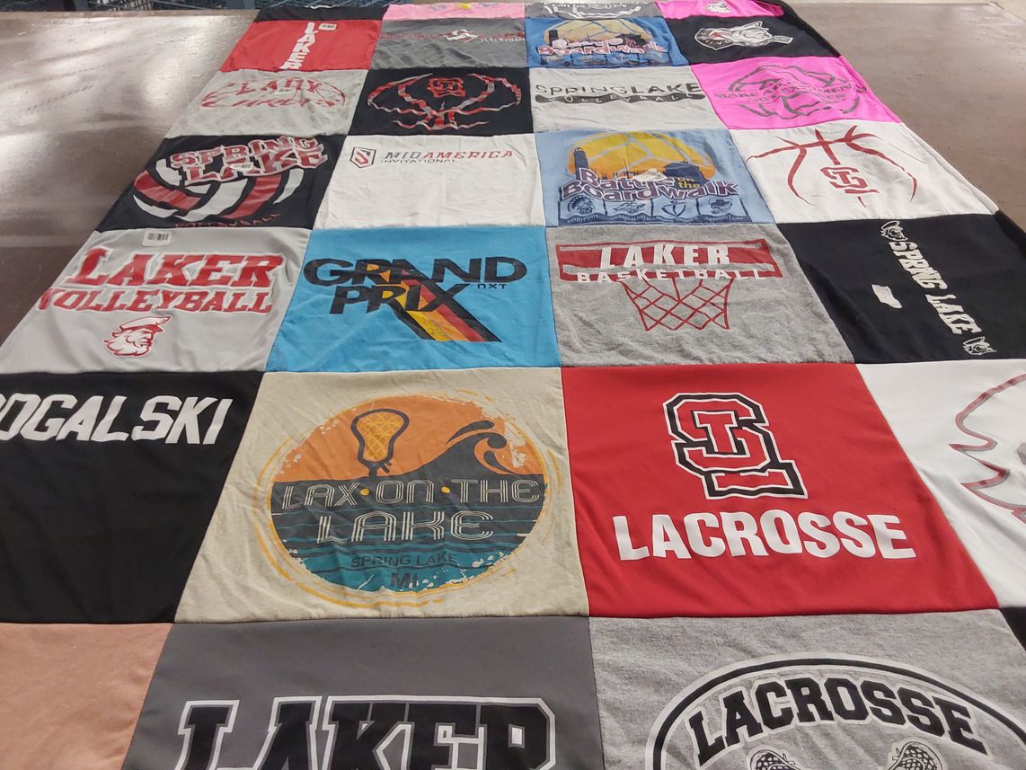 T-shirt quilt featuring laker volleyball, laker basketball by Jessica from MI
