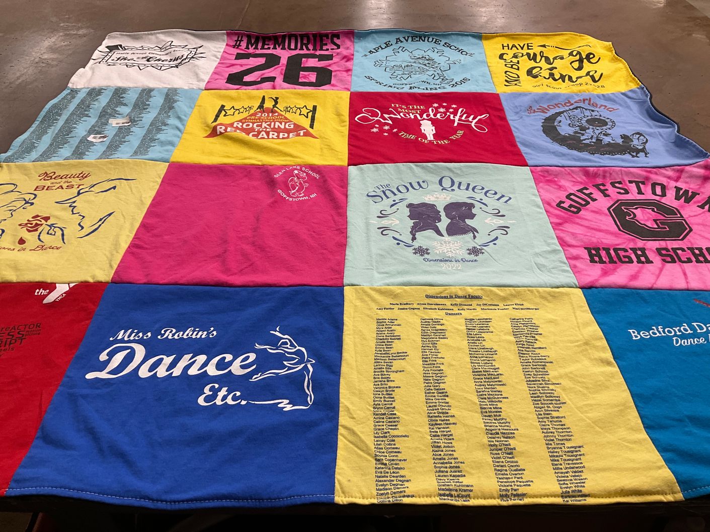 T-shirt quilt from goffstown high school, bedford dance by Karen from NH