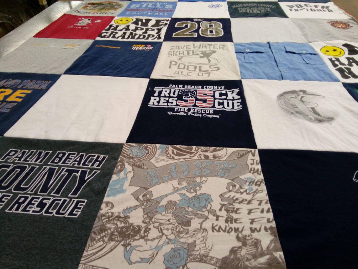 T-shirt quilt with fire rescue, skating themes by Michele from FL