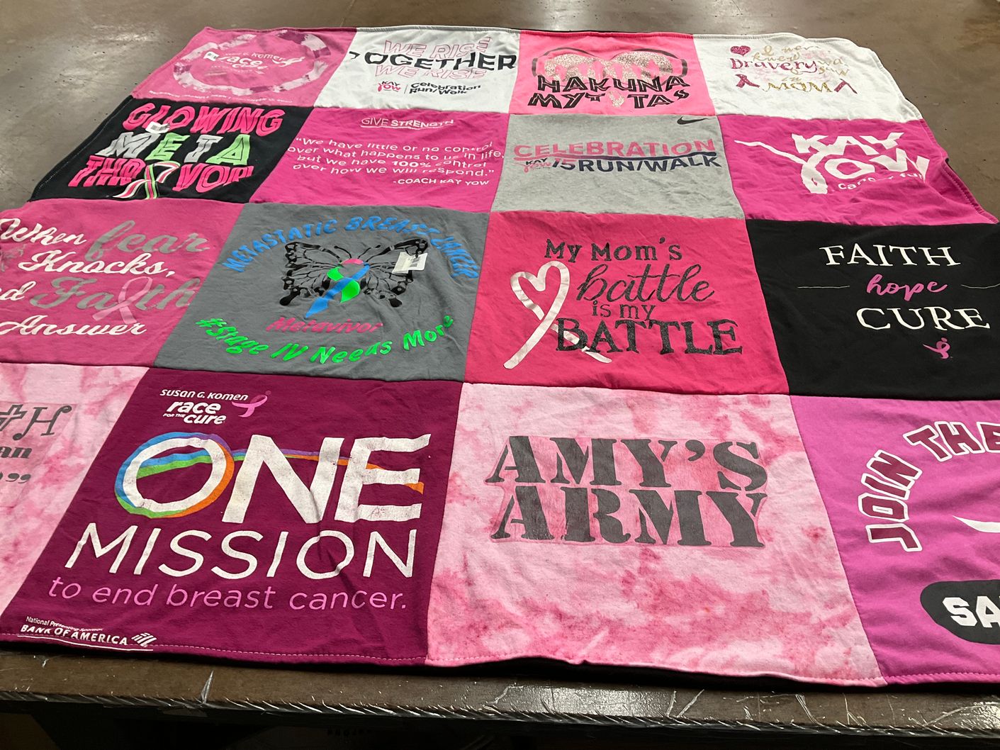 T-shirt quilt with breast cancer awareness, fundraising themes by Ebony from NC