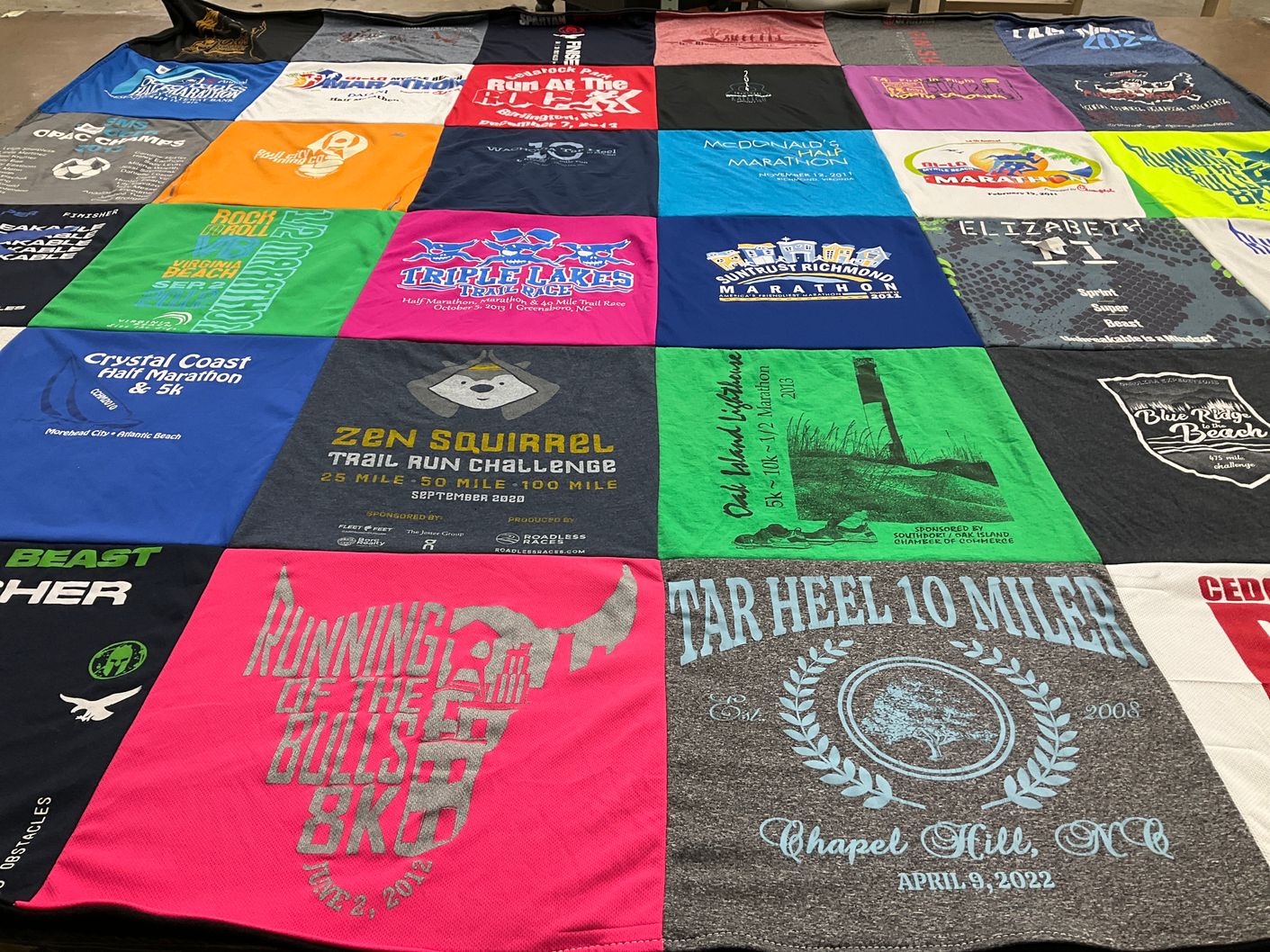 T-shirt quilt with running, marathons themes by Elizabeth from NC
