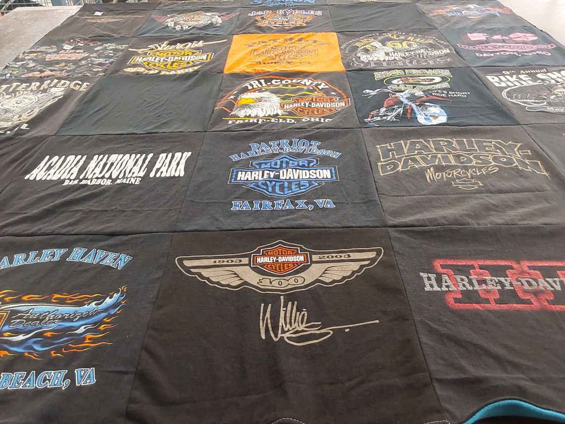 T-shirt quilt with motorcycles, biking themes by Deborah from OH
