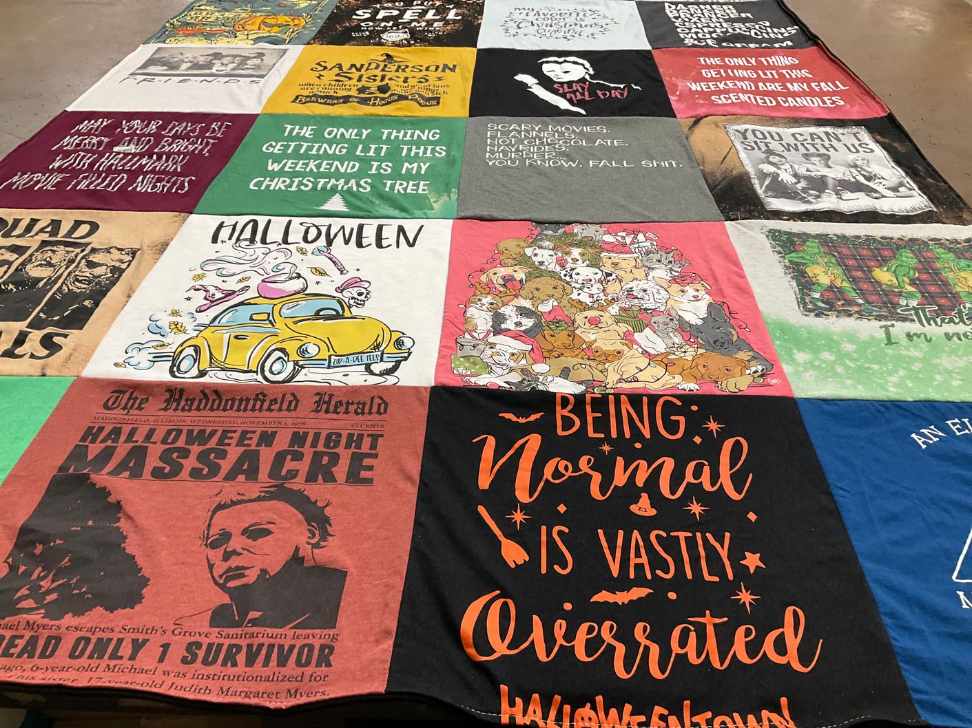 T-shirt quilt with halloween, christmas themes by Alexis from NC