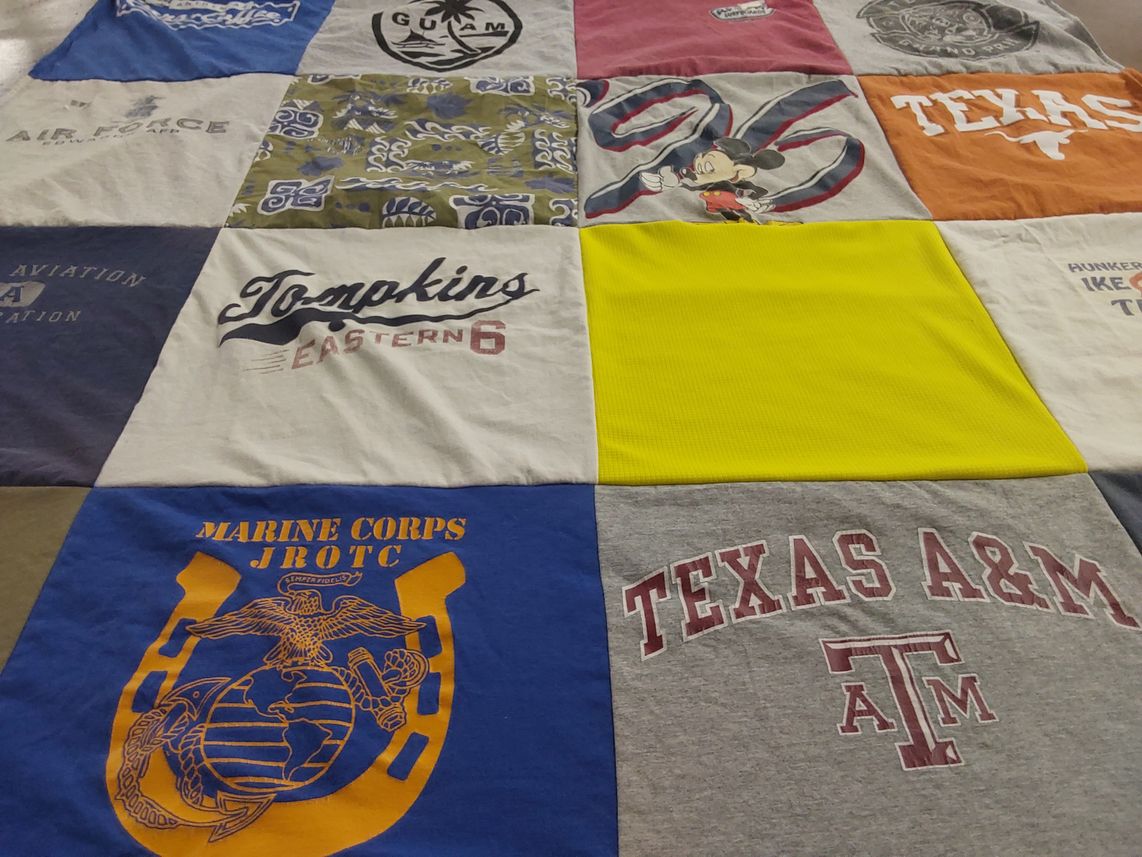 T-shirt quilt from texas a&m university, tompkins high school by Deborah from TX