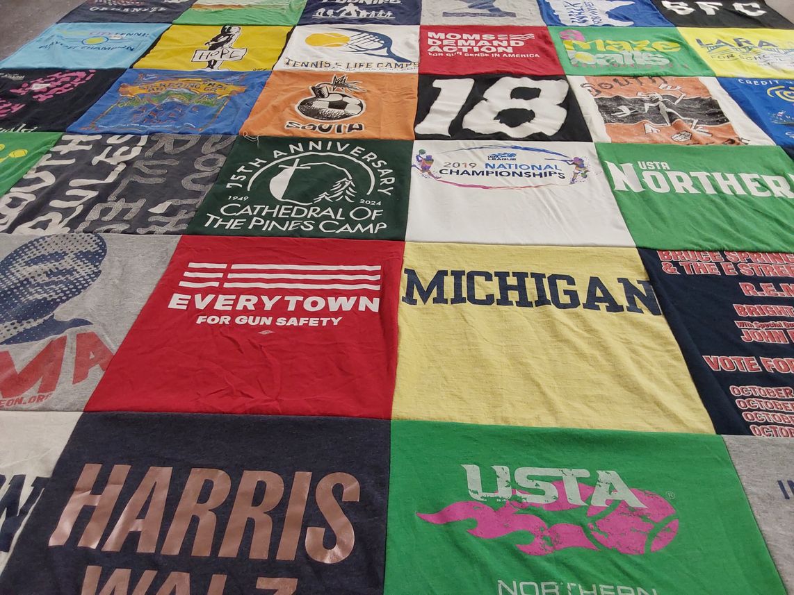 T-shirt quilt with tennis, safety themes by Sarah from MN
