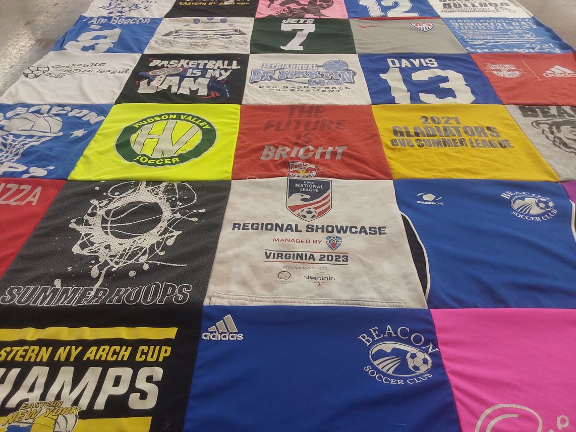 T-shirt quilt with sports, basketball themes by Andrea from NY