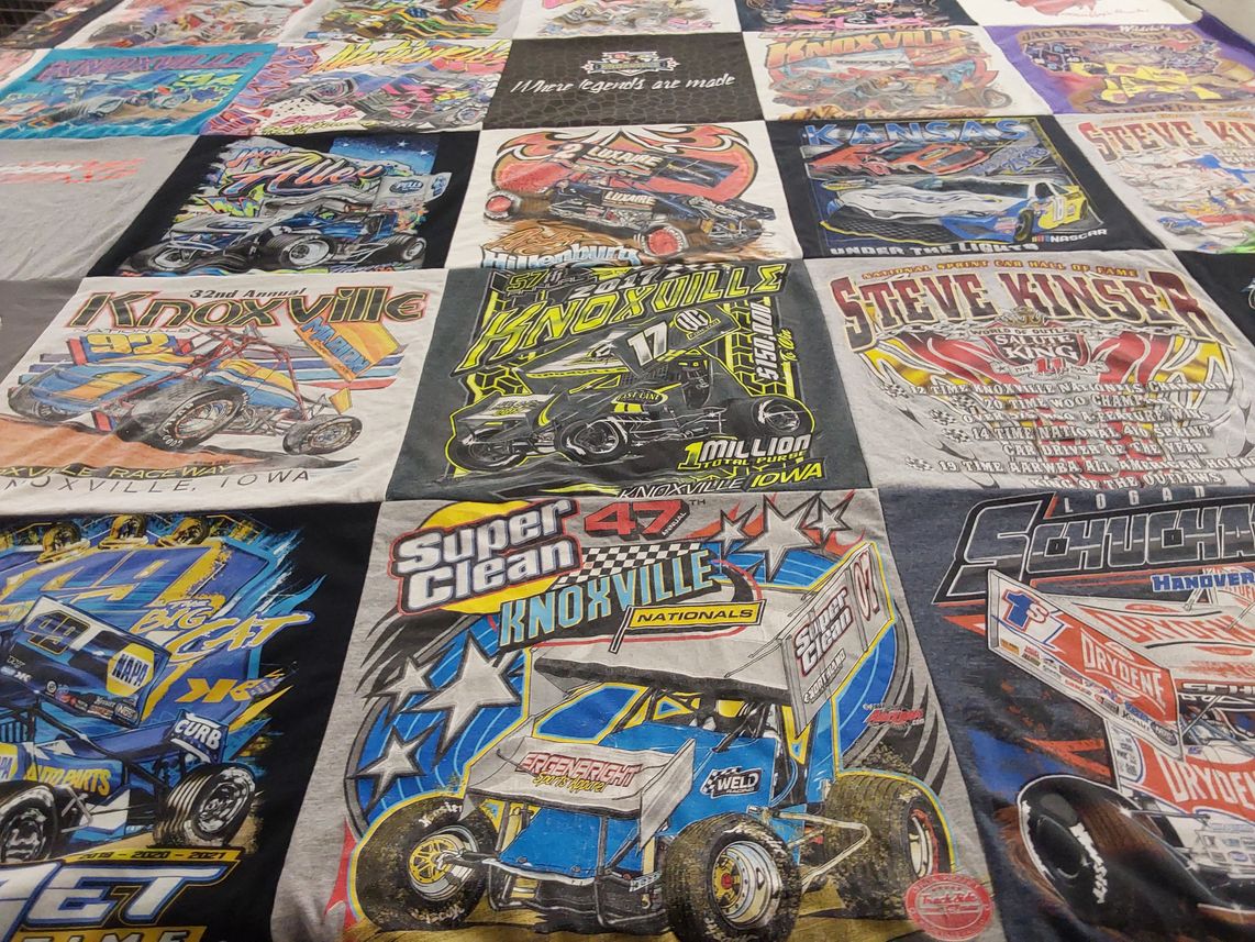 T-shirt quilt with auto racing, speedway themes by Laura from MN