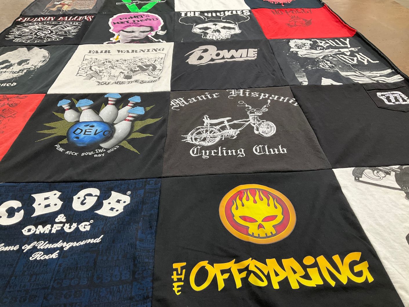 T-shirt quilt with music, punk rock themes by Glenn from LA