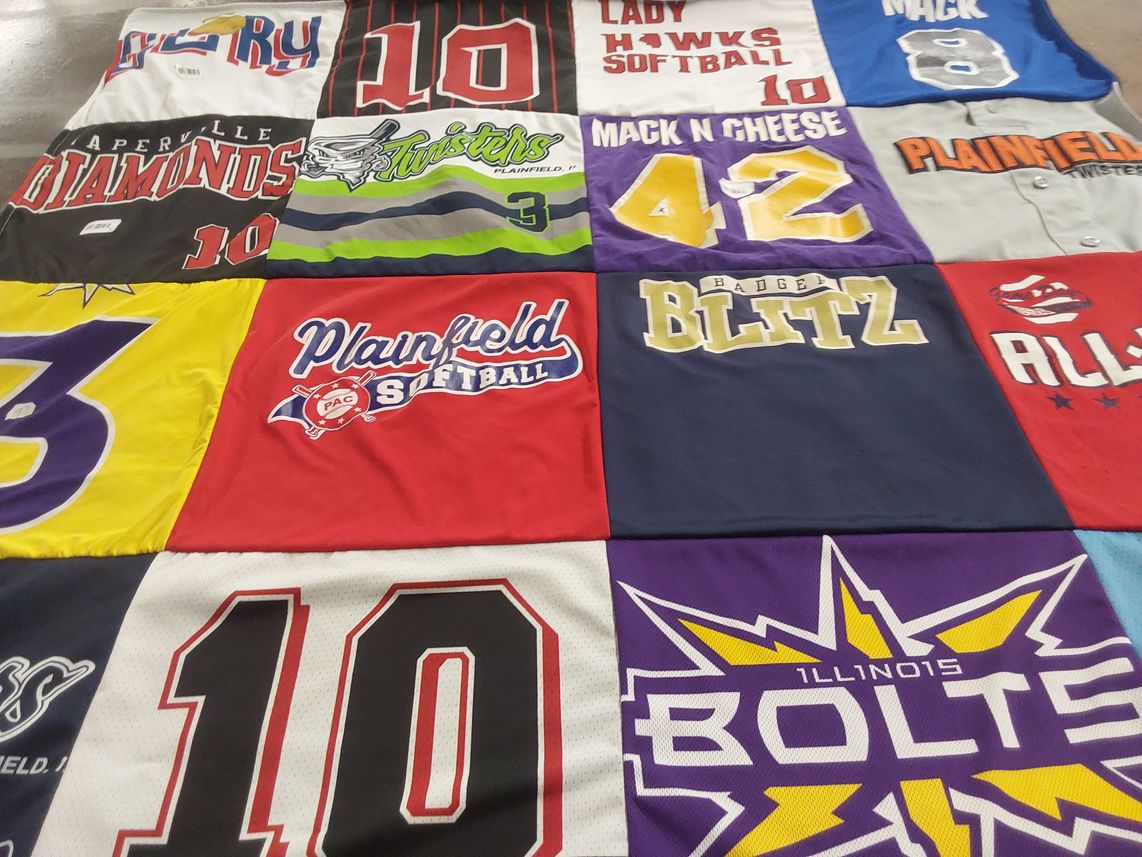 T-shirt quilt featuring naperville diamonds, plainfield twisters by Mackenzie from KY