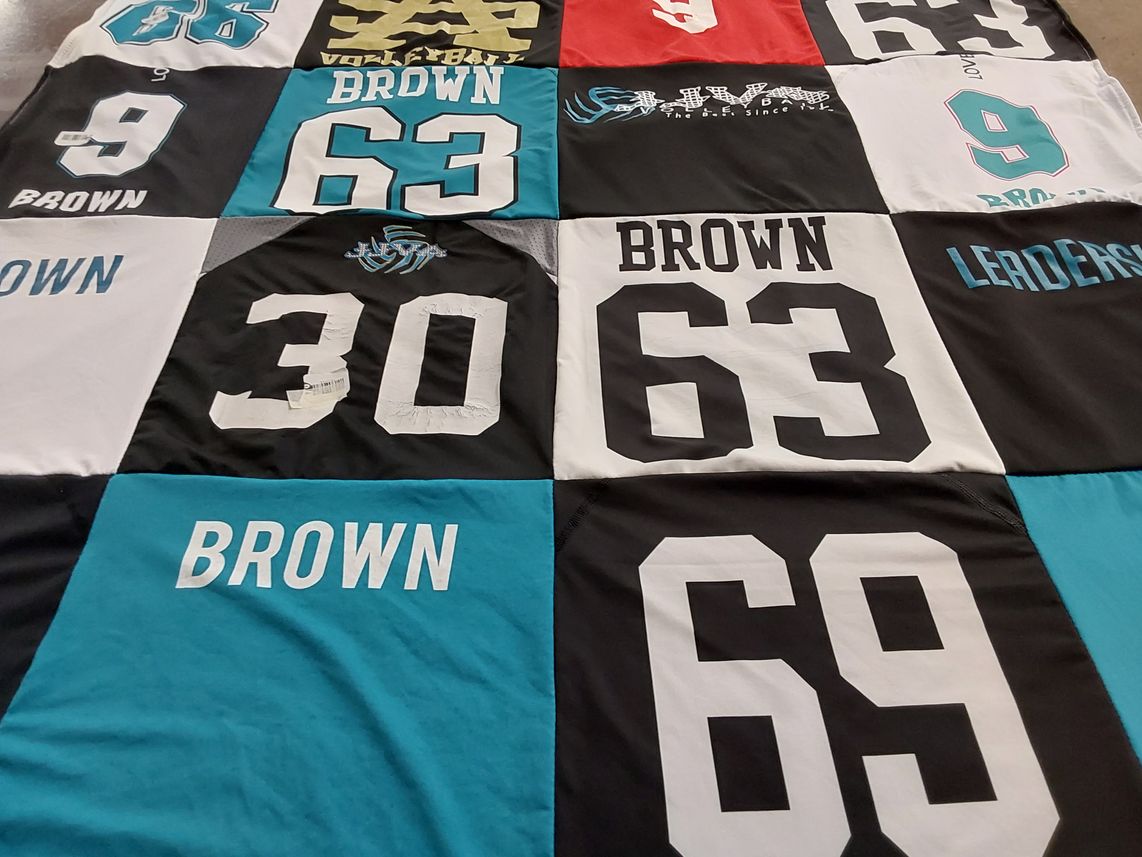 T-shirt quilt with sports, volleyball themes by Patti from FL