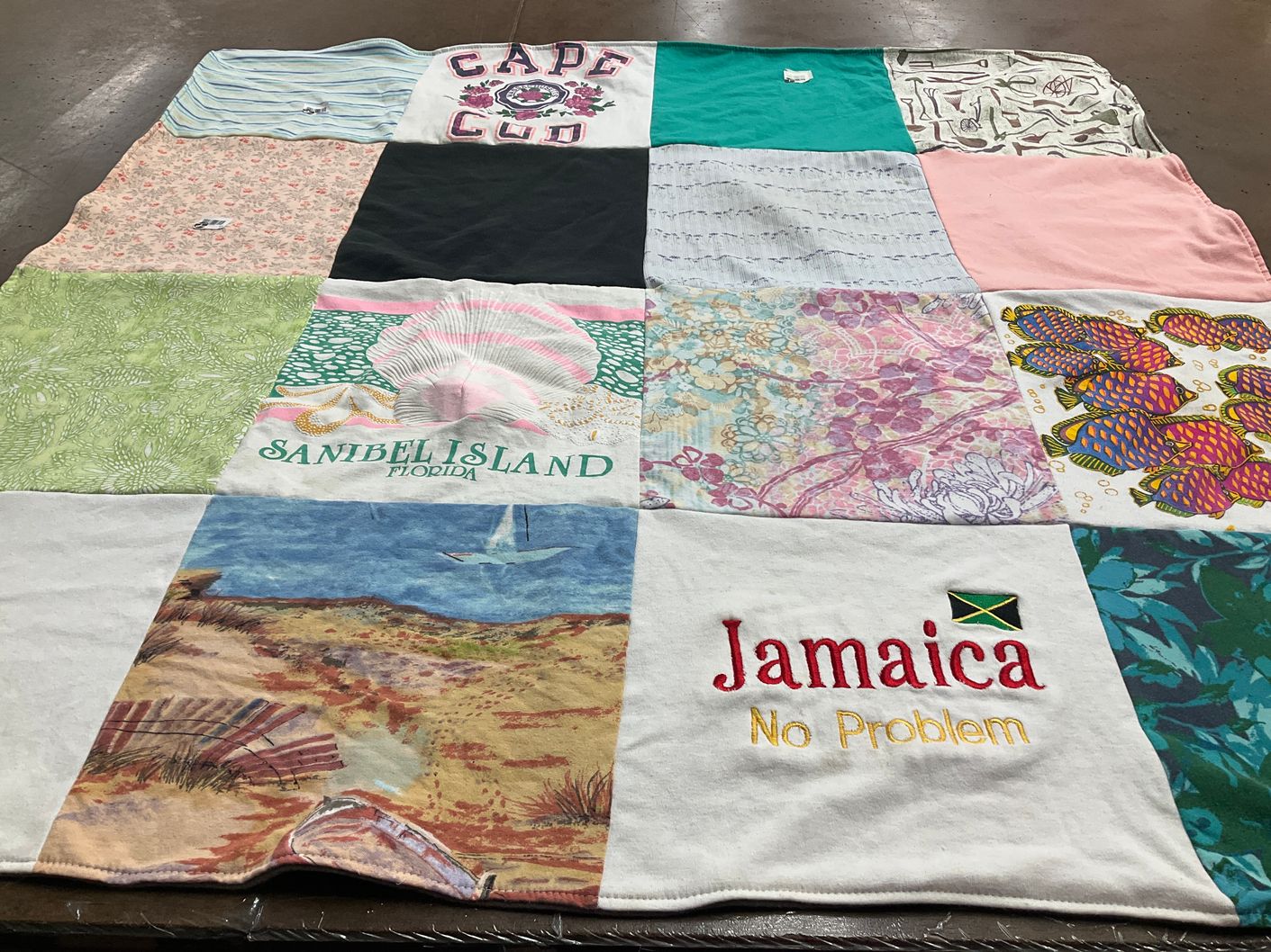T-shirt quilt with beach, travel themes by Elizabeth from FL