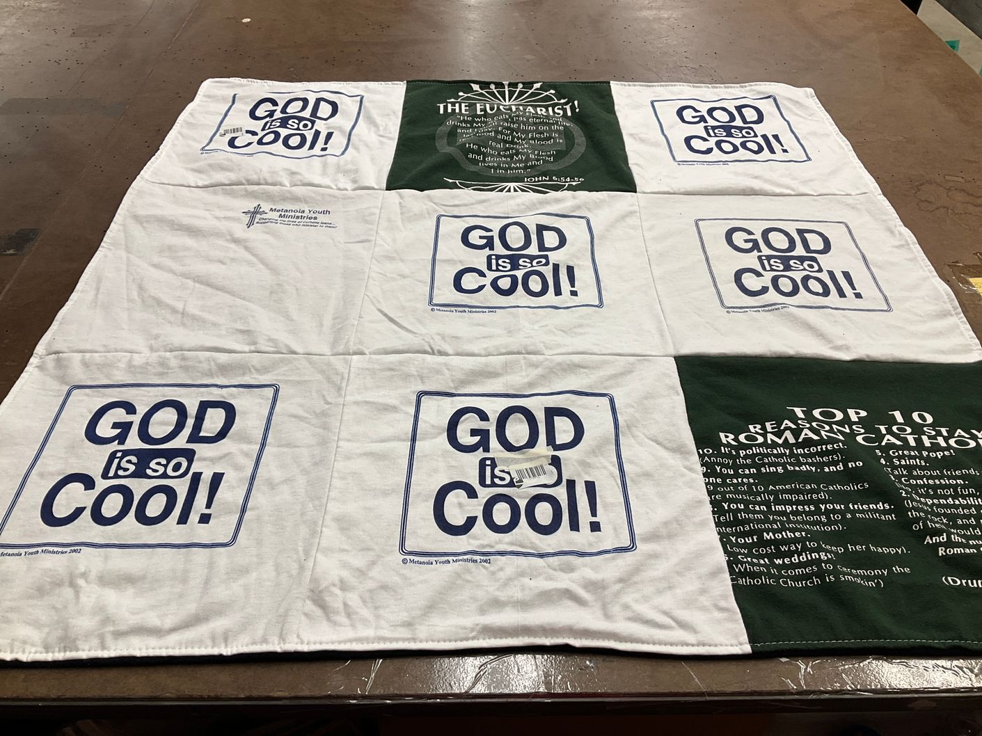T-shirt quilt with religion, youth ministry themes by Michele from TX