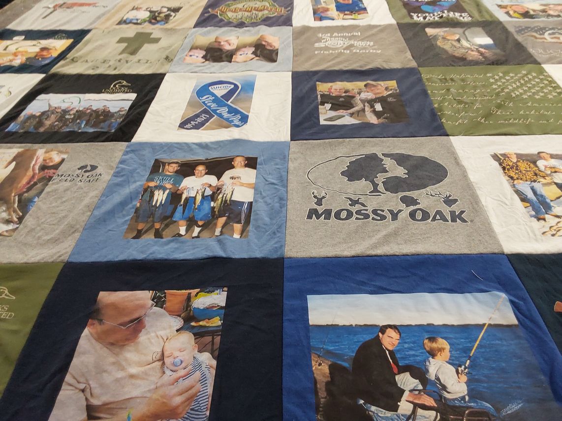 T-shirt quilt with fishing, outdoors themes by Andrew from SD