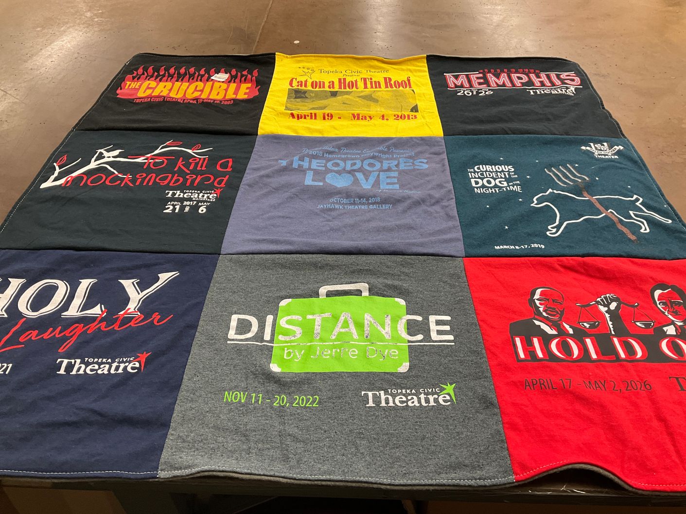 T-shirt quilt with theatre, drama themes by Candice from KS