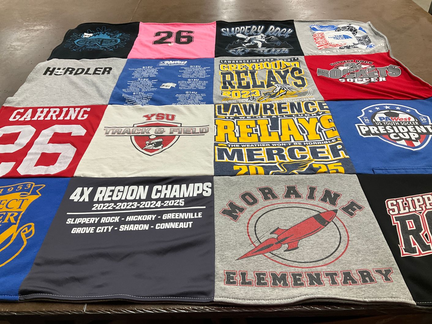 T-shirt quilt featuring slippery rock university, hickory high school by Megan from PA