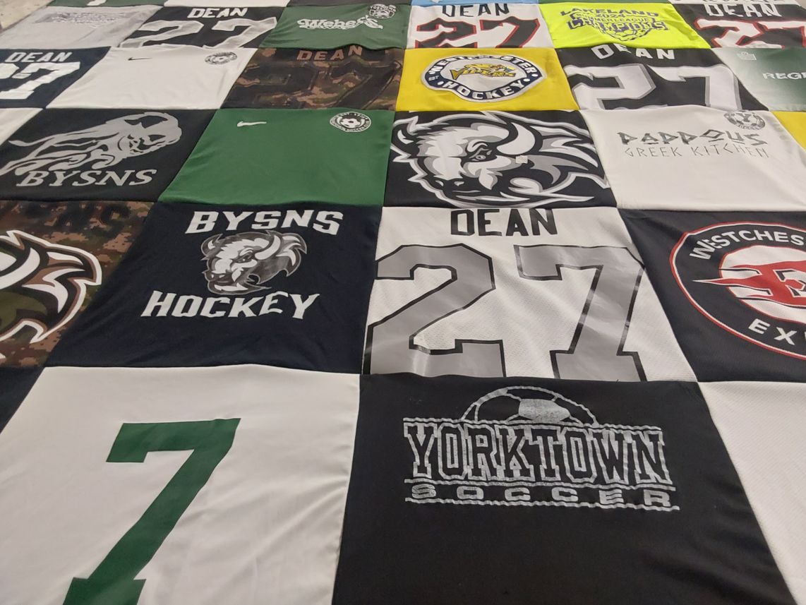 T-shirt quilt featuring yorktown soccer, lakeland lancers hockey by Jeanne from NY