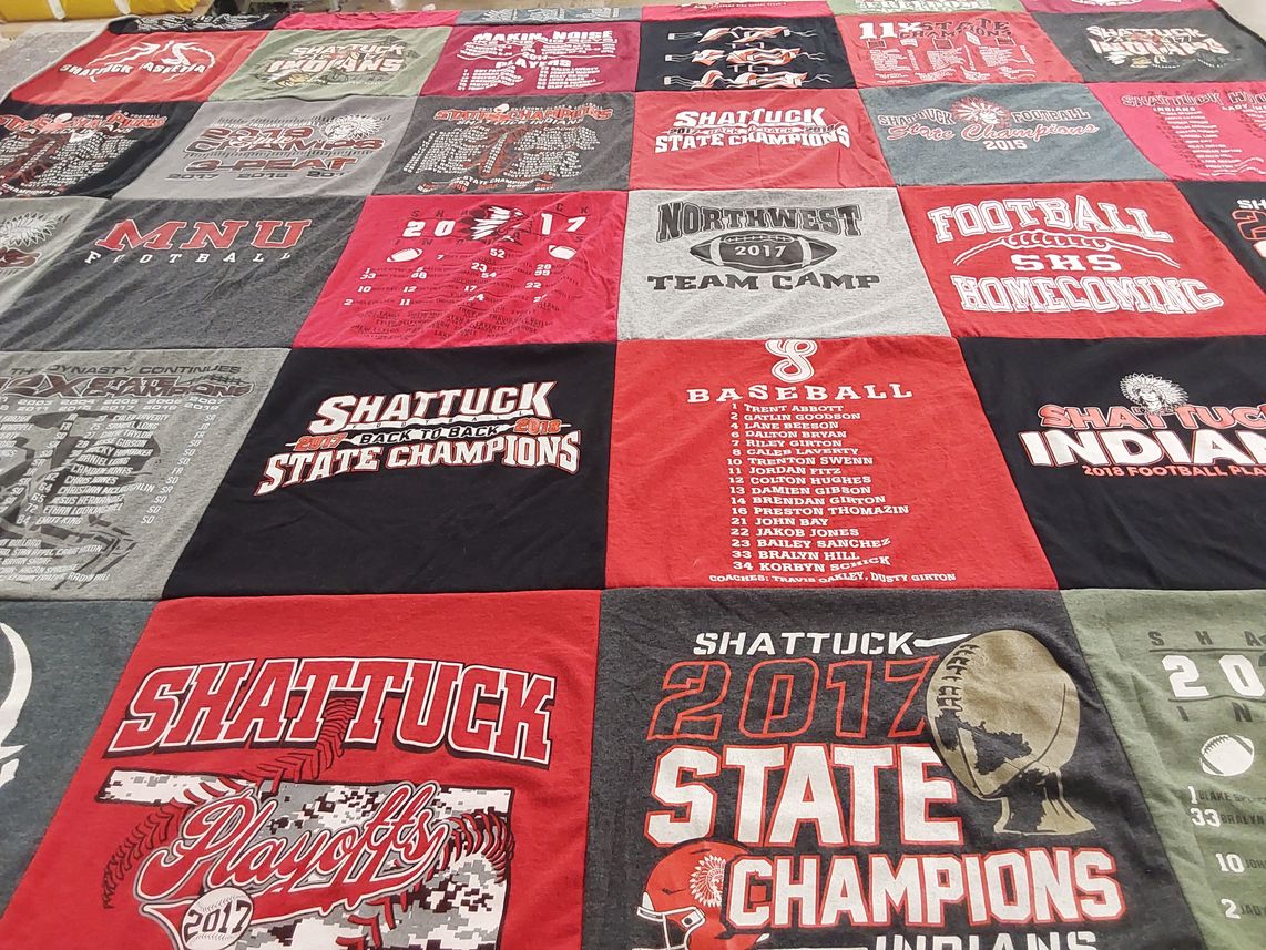 T-shirt quilt featuring shattuck indians by Hattie from OK