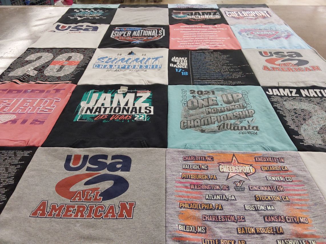 T-shirt quilt with dance, cheerleading themes by Michelle from CA