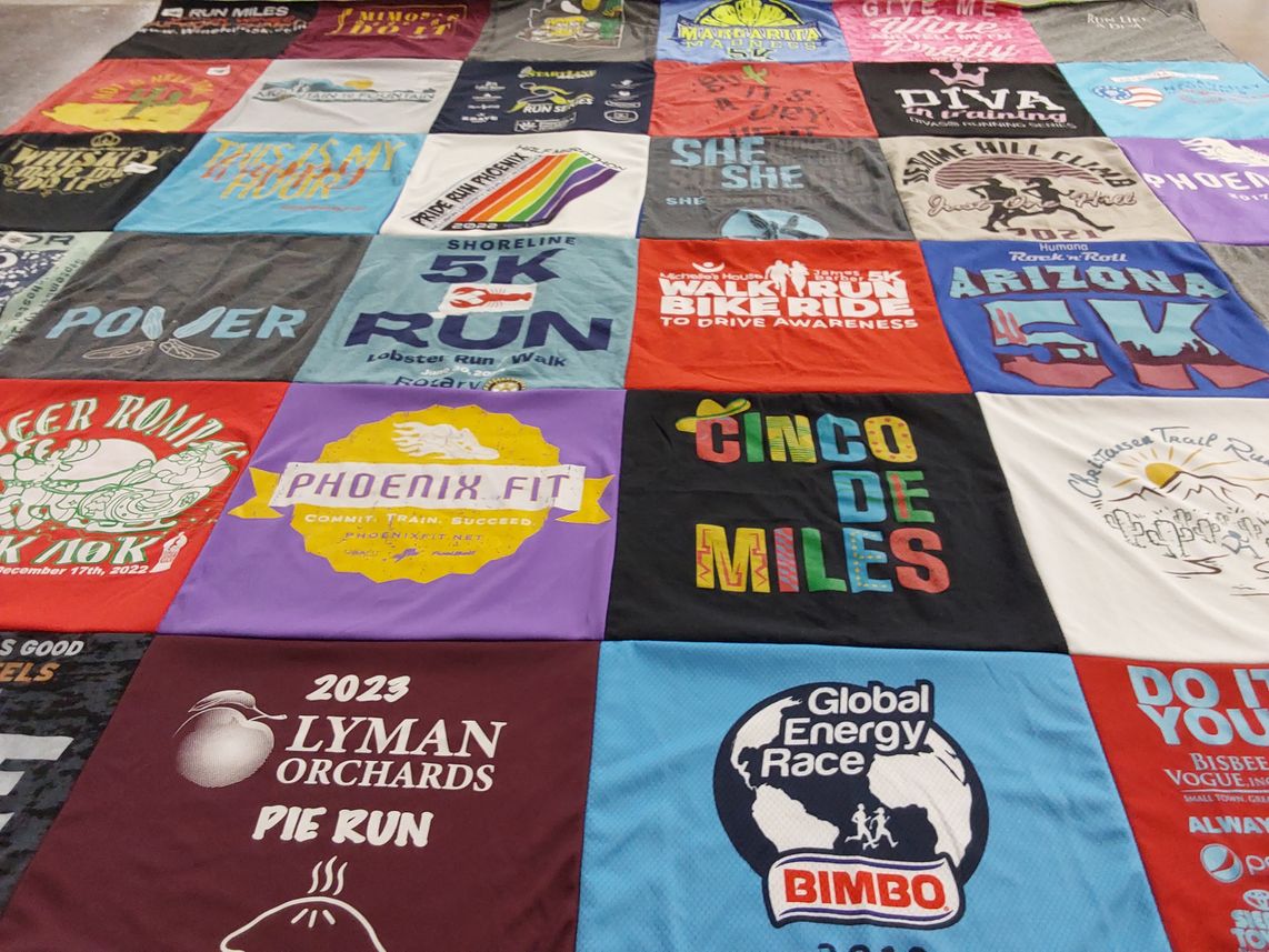 T-shirt quilt with running, fitness themes by Theresa from AZ