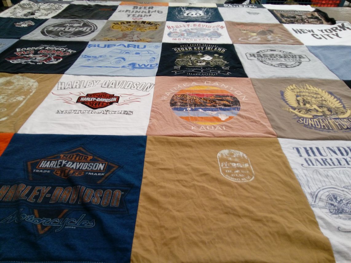 T-shirt quilt with motorcycling, travel themes by Tura from IA