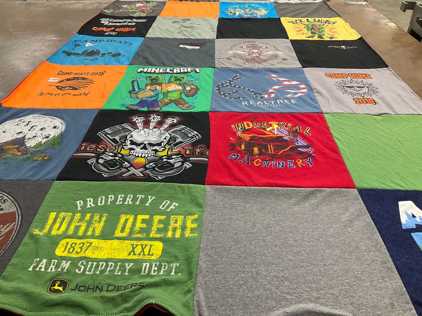 T-shirt quilt with camping, fishing themes by Tiffaney from OH
