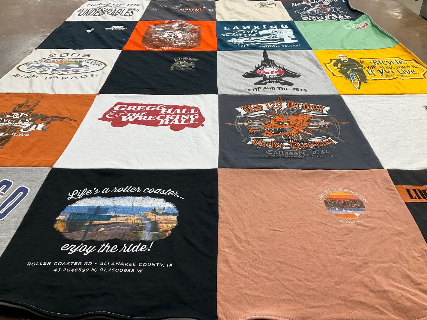 T-shirt quilt with biking, motorcycling themes by Tura from IA