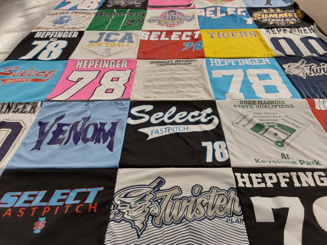 T-shirt quilt with softball, sports themes by Nicole from IL
