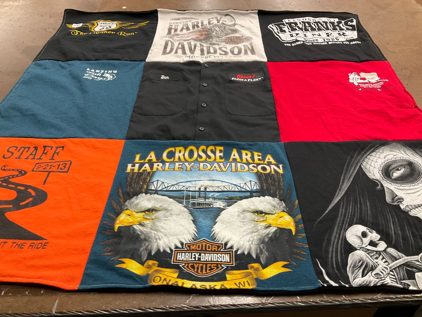 T-shirt quilt with motorcycles, bikers themes by Tura from IA