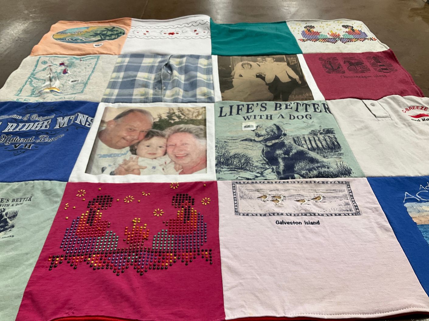 T-shirt quilt with family, pets themes by Jeff from NJ