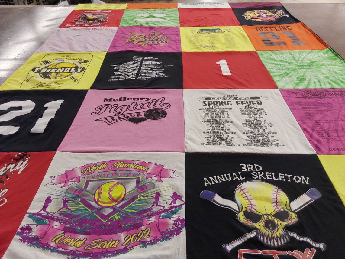 T-shirt quilt with softball, sports themes by Sharon from IL