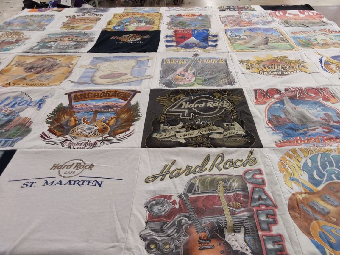 T-shirt quilt with music, travel themes by Melody from GA