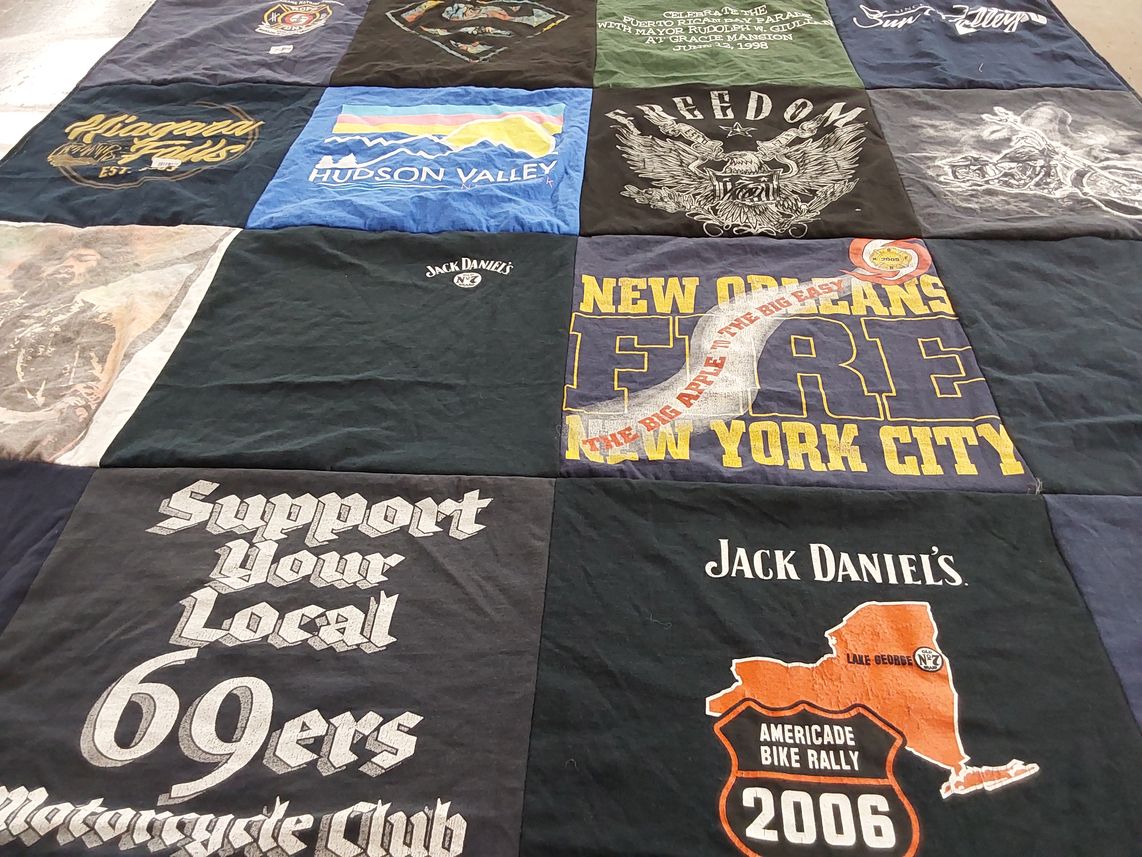 T-shirt quilt with motorcycles, eagles themes by Kimberly from NJ