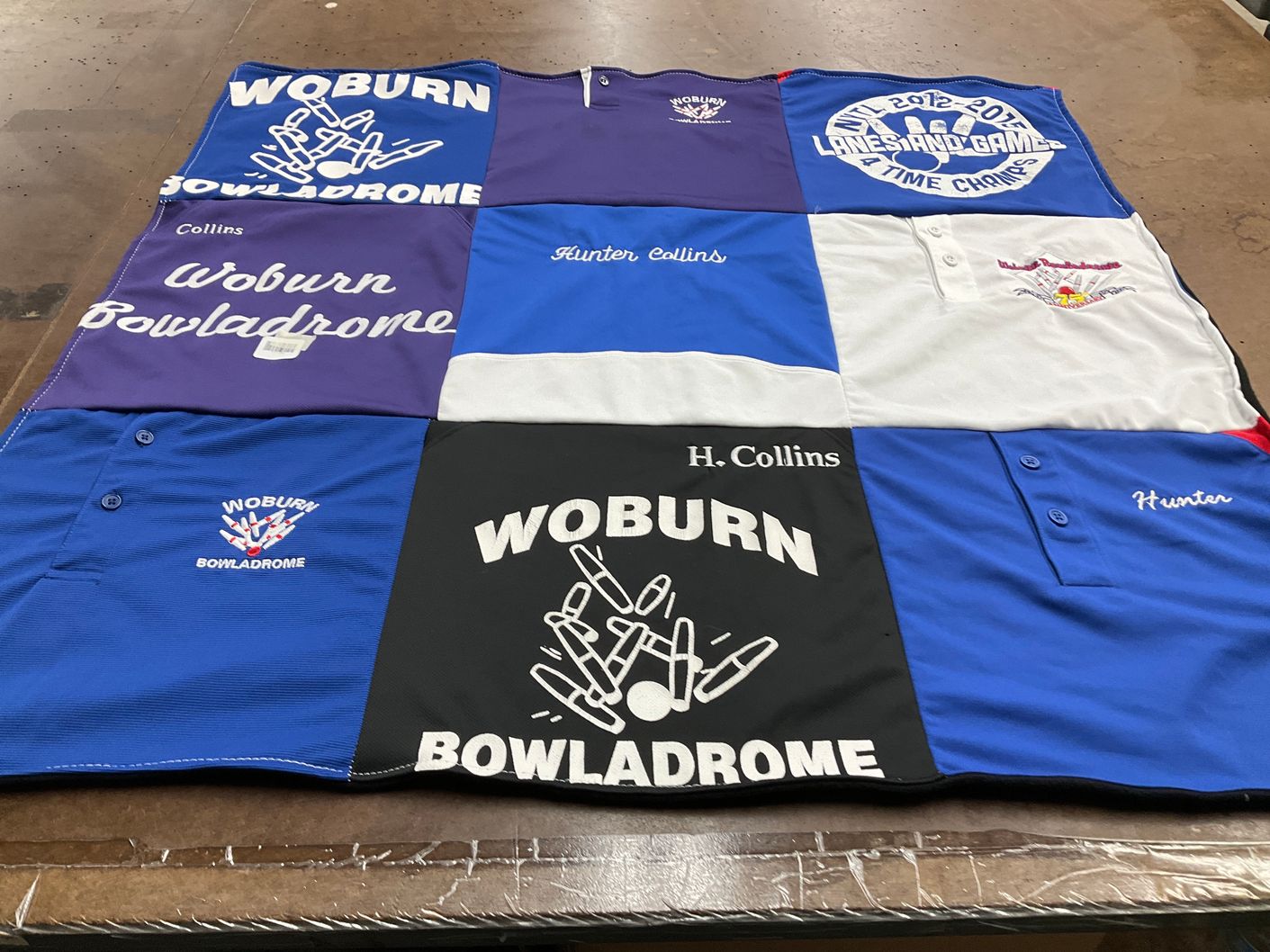 T-shirt quilt with bowling themes by Lorie from MA
