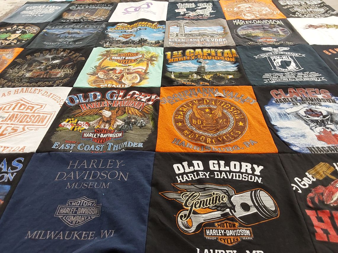 T-shirt quilt with motorcycles, biking themes by Cynthia from MD