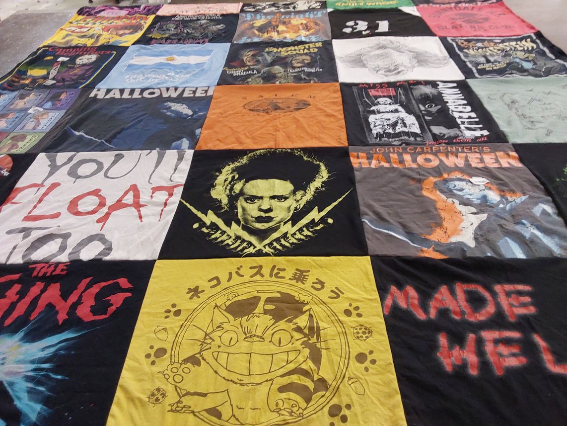 T-shirt quilt with horror movies, halloween themes by Cynthia from IL