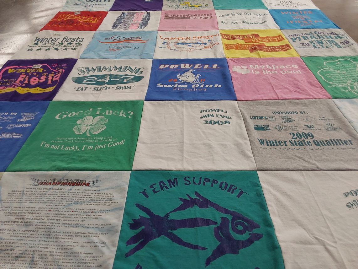 T-shirt quilt from powell swim camp by Kari from WY