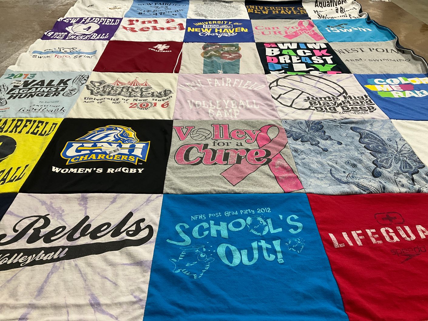 T-shirt quilt featuring new fairfield rebels volleyball, cnh chargers women's rugby by Lisa from CT