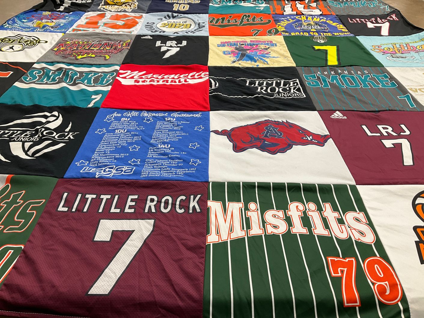 T-shirt quilt featuring little rock high school softball, arkansas state university baseball by Lindsey from WI