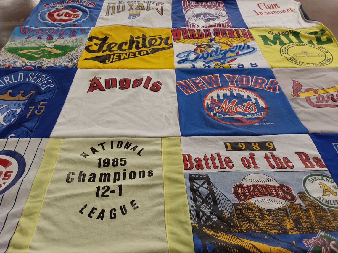 T-shirt quilt featuring chicago cubs, kansas city royals by Nancy from MO