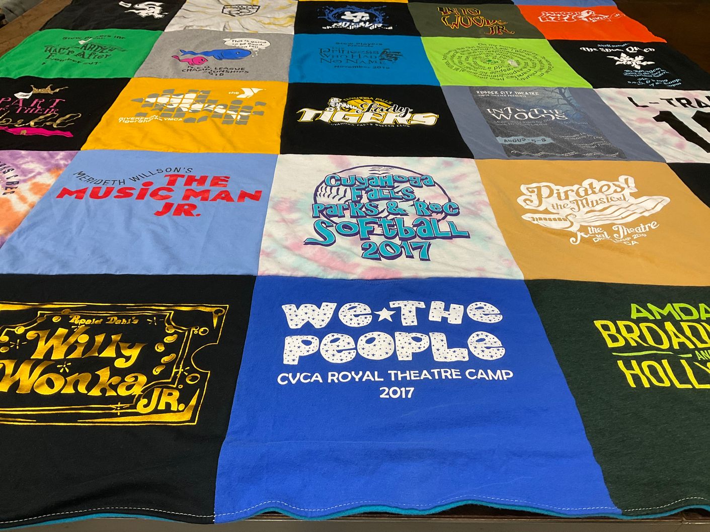 T-shirt quilt with theatre, musicals themes by Christina from OH