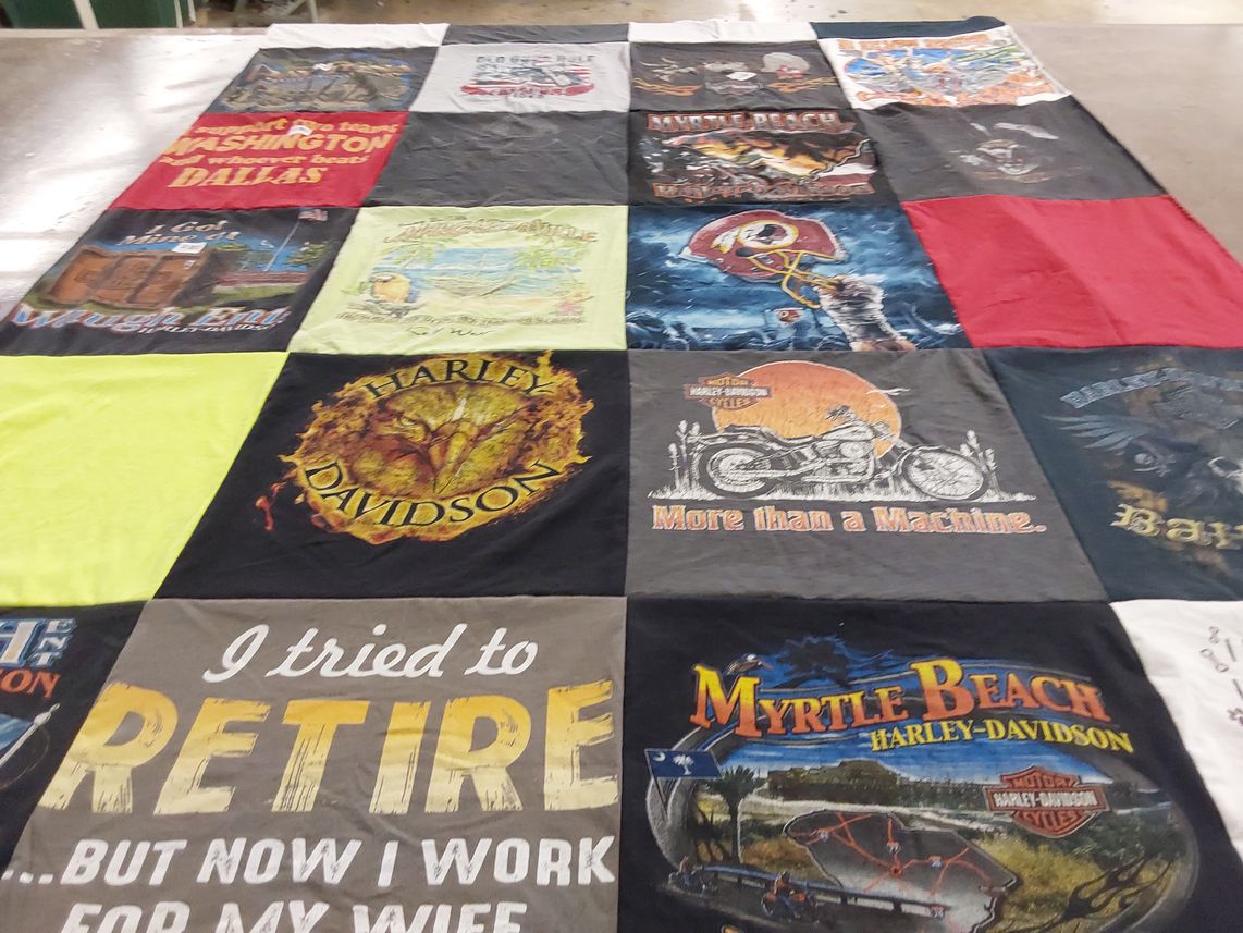 T-shirt quilt with motorcycles, travel themes by Belinda from FL