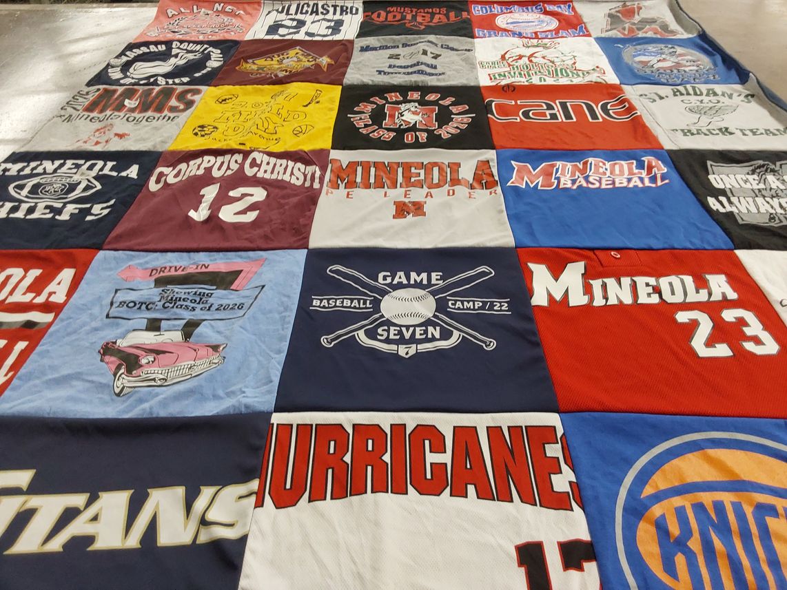 T-shirt quilt featuring mineola high school, mustangs by Dawn from NY