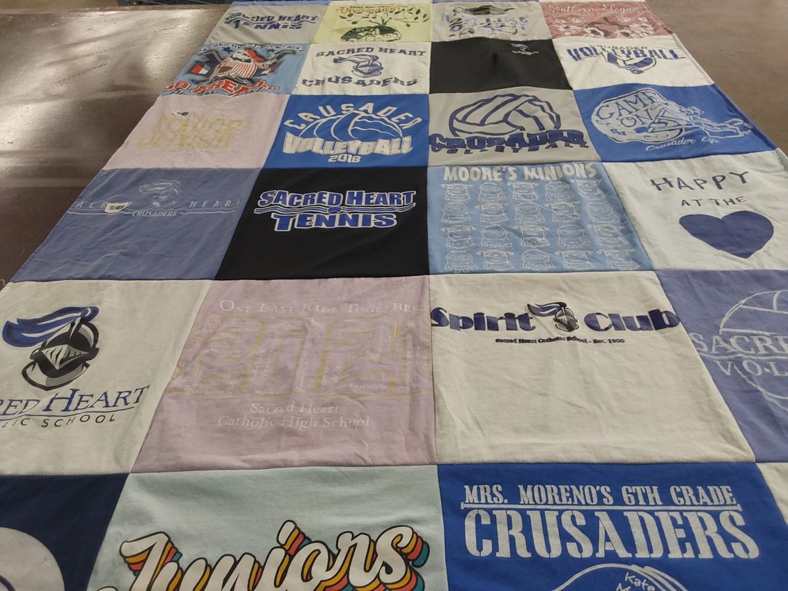 T-shirt quilt featuring sacred heart volleyball, sacred heart tennis by Kathryn from MS