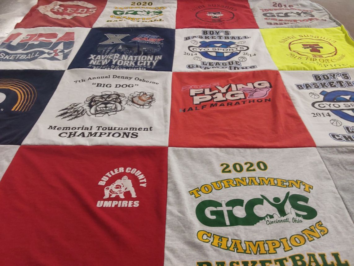 T-shirt quilt from xavier university, saint susanna school by Libby from OH