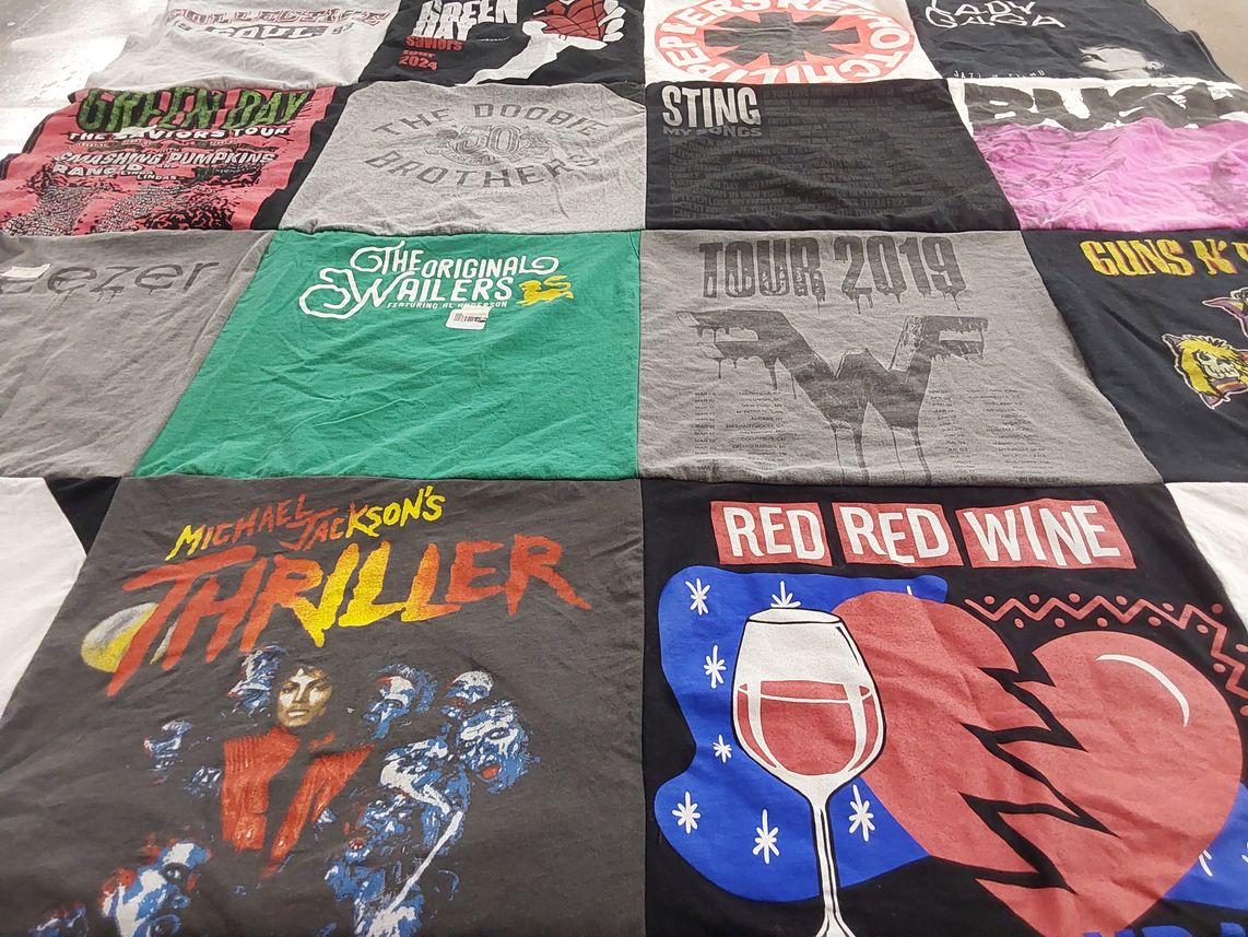 T-shirt quilt with music, concerts themes by Ava from CA