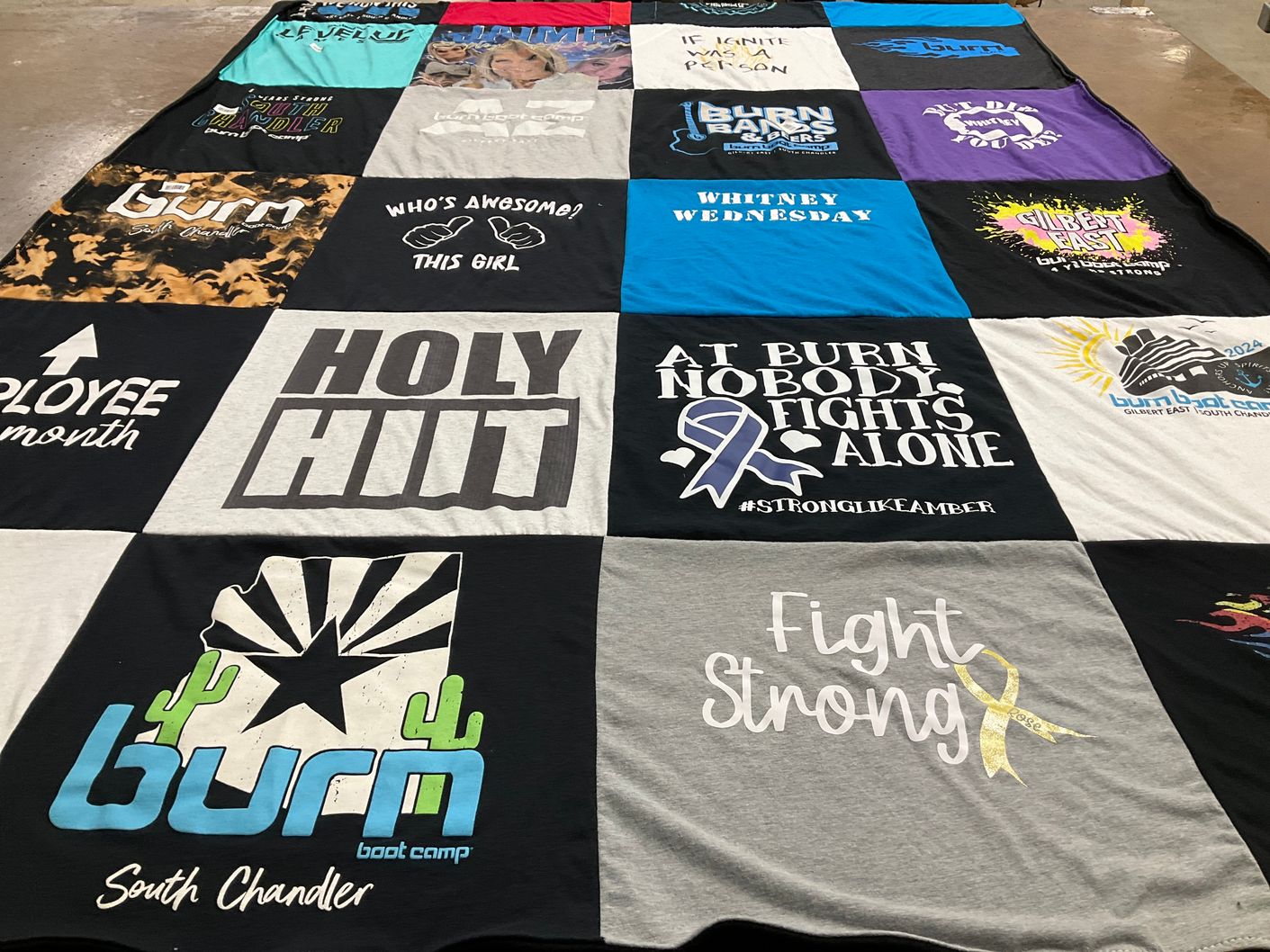 T-shirt quilt with fitness, community support themes by Jaime from AZ