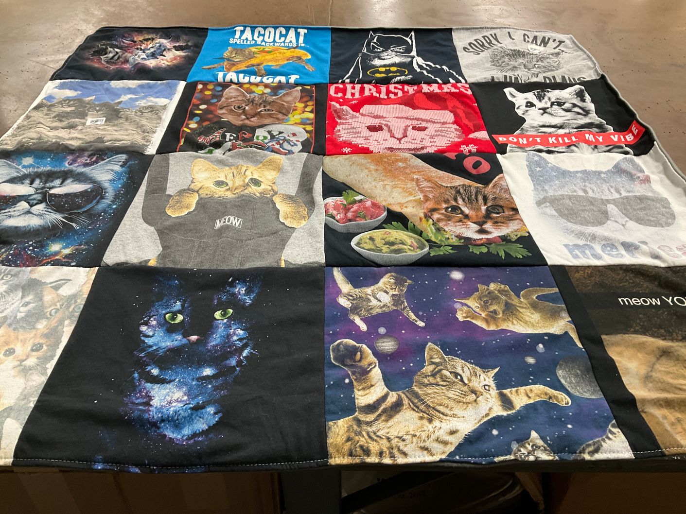 T-shirt quilt with cats, space themes by Lisa from WI