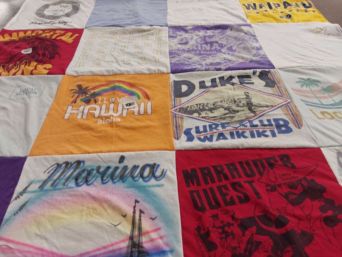 T-shirt quilt with surfing, beaches themes by Nyra Naquin from HI