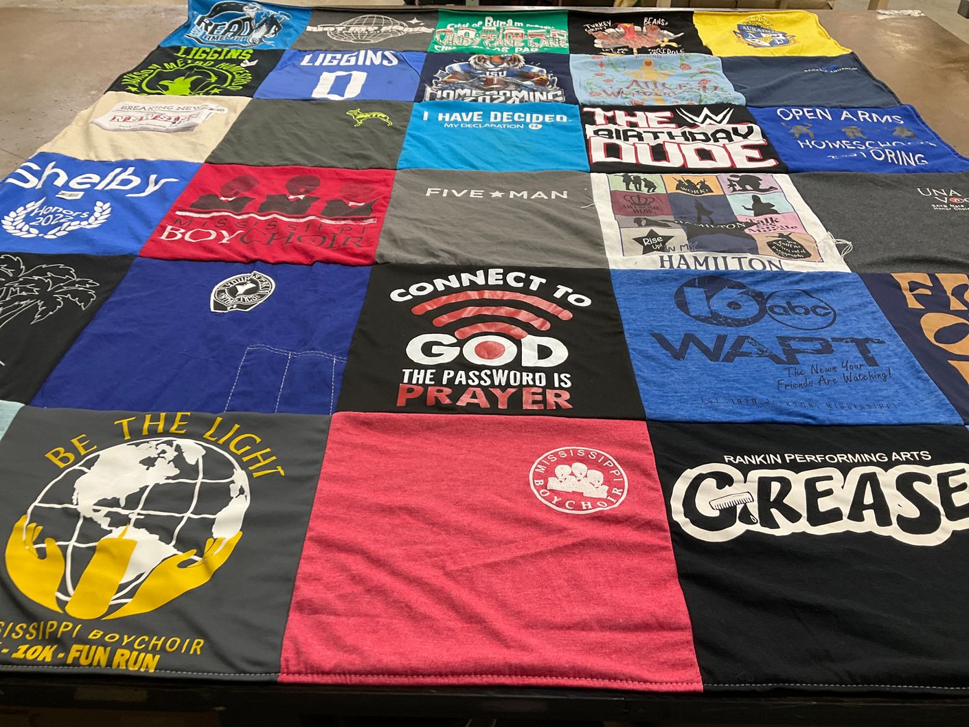 T-shirt quilt with theater, music themes by Shelia from MS